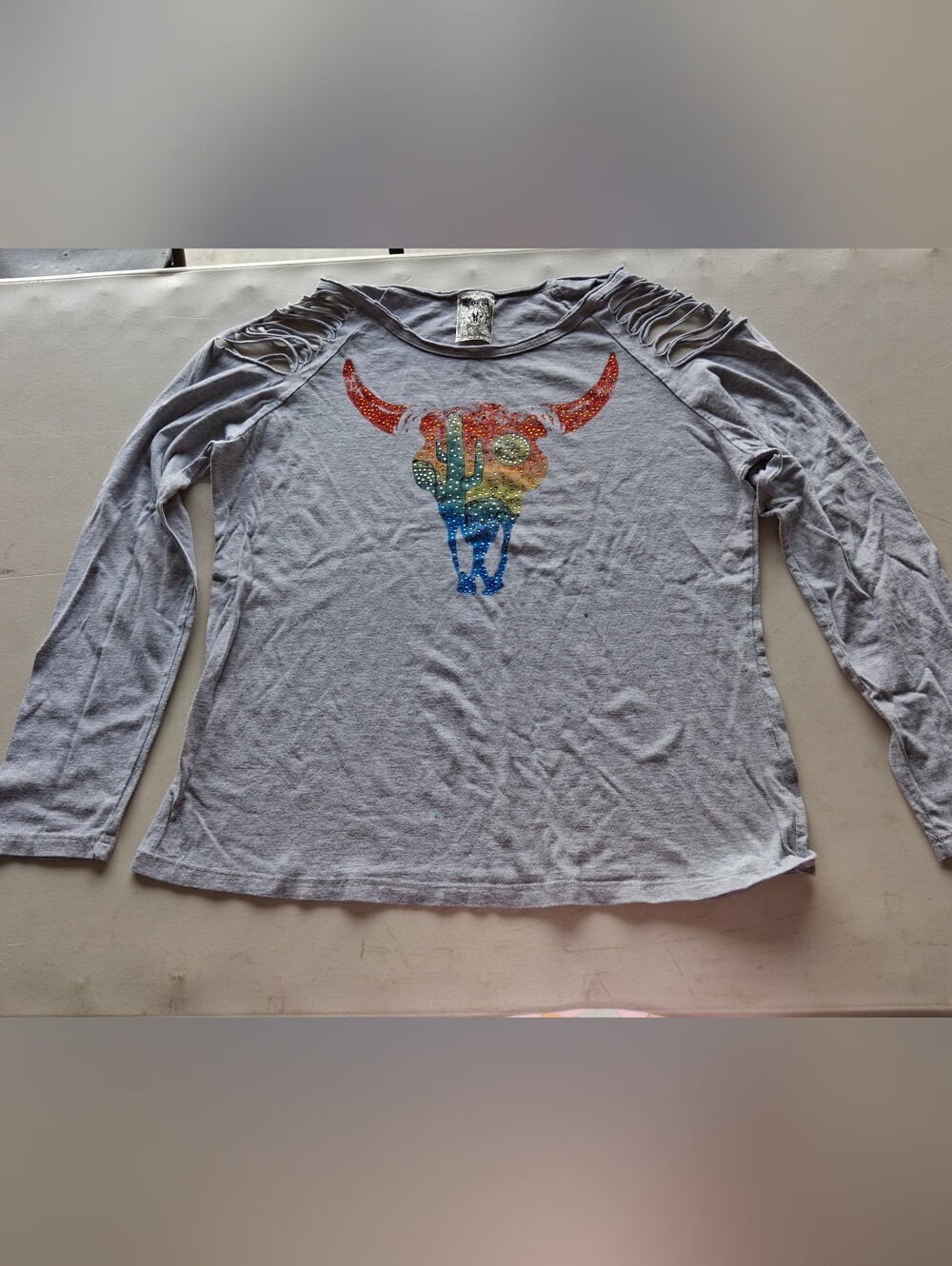 Vocal Gray Long Sleeve Tee with Rainbow Bull Skull